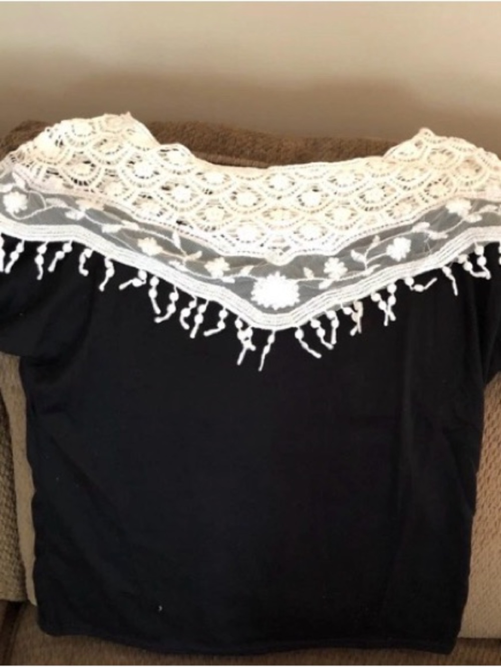 Women's Black Top with White Lace Yoke off the shoulders top.